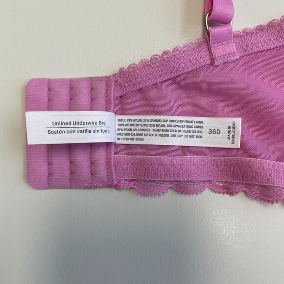 AUDEN BRA DELICATE LACE UNLINED UNDERWIRE ADJUSTABLE STRAPS PINK WOMEN'S 36D NWT - Picture 7 of 7